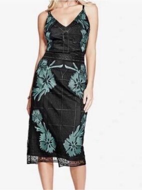 Guess Black Sheer Dress with Slip and Green Floral Embroidery #y2k #wedding 0